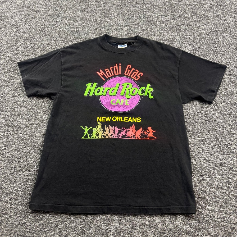 Vintage 1990s Hard Rock‎ Mardi Gras New Orleans Graphic Black T-Shirt Size Large